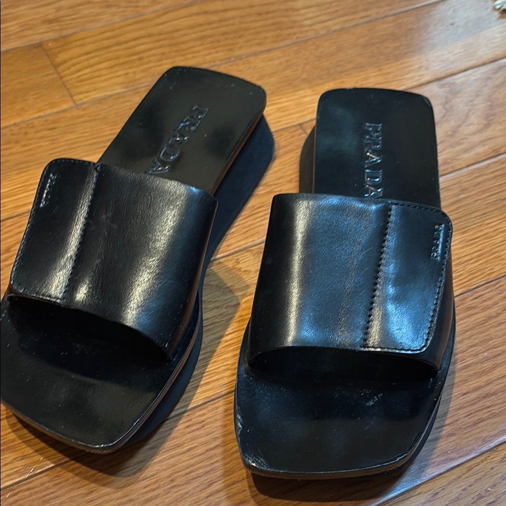 Prada Black Leather Slide Sandals